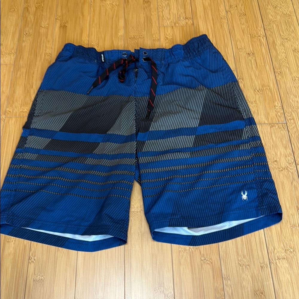spyder swim trunks Men's L Blue Striped Swim Shorts